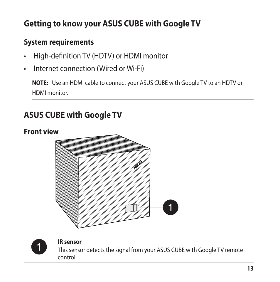 Getting to know your asus cube with google tv, System requirements, Asus cube with google tv | Front view | Asus CUBE with Google TV User Manual | Page 13 / 66