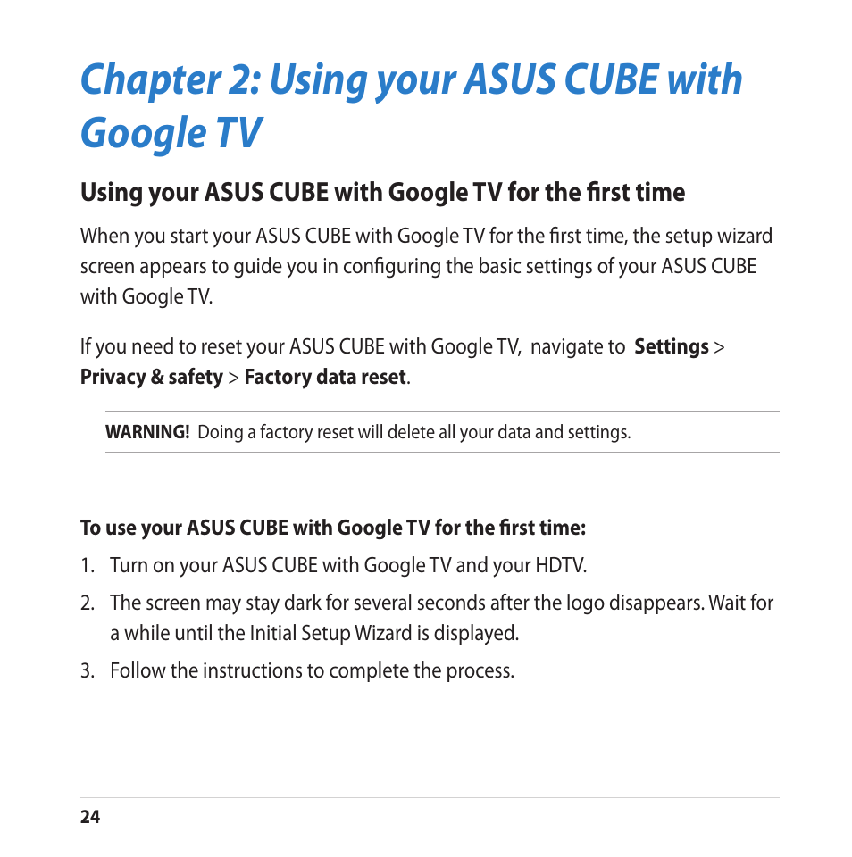 Chapter 2: using your asus cube with google tv, Chapter : using your asus cube with google tv | Asus CUBE with Google TV User Manual | Page 24 / 66