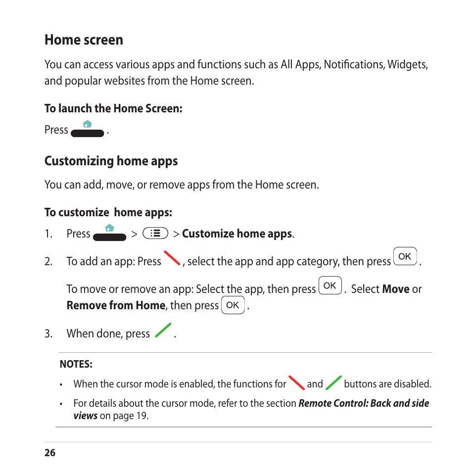 Home screen, Customizing home apps | Asus CUBE with Google TV User Manual | Page 26 / 66