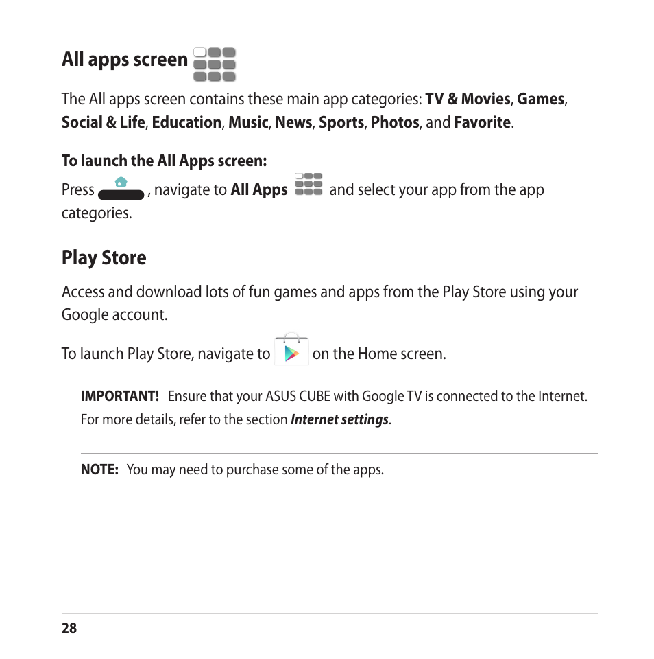 Play store, All apps screen | Asus CUBE with Google TV User Manual | Page 28 / 66