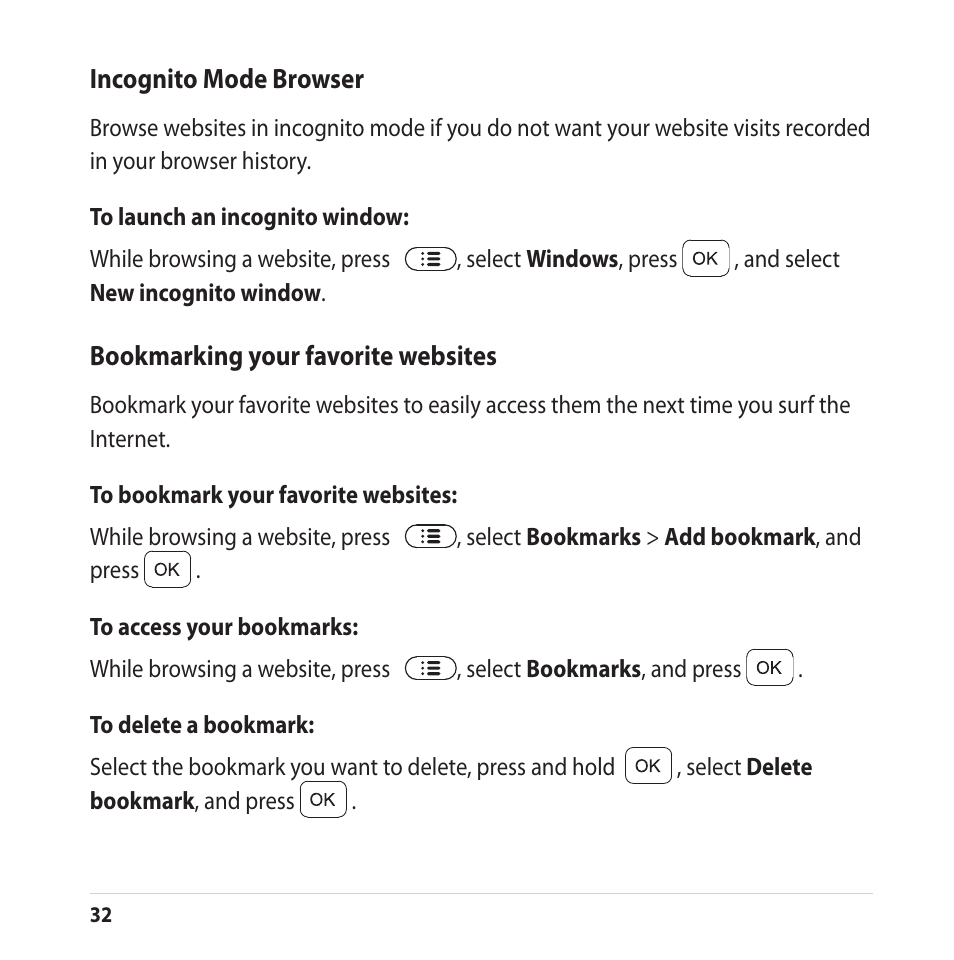 Incognito mode browser, Bookmarking your favorite websites | Asus CUBE with Google TV User Manual | Page 32 / 66