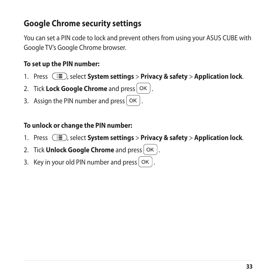 Google chrome security settings | Asus CUBE with Google TV User Manual | Page 33 / 66