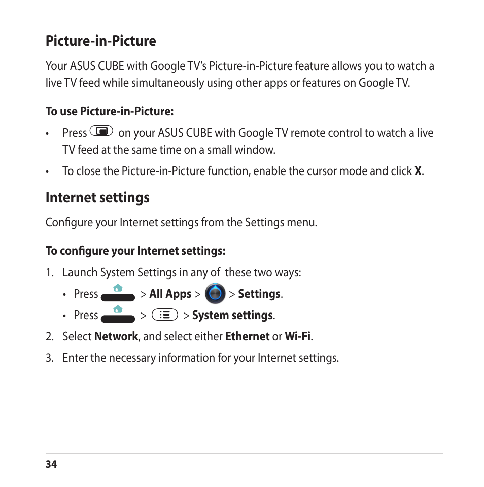 Picture-in-picture, Internet settings, Picture-in-picture  internet settings | Asus CUBE with Google TV User Manual | Page 34 / 66