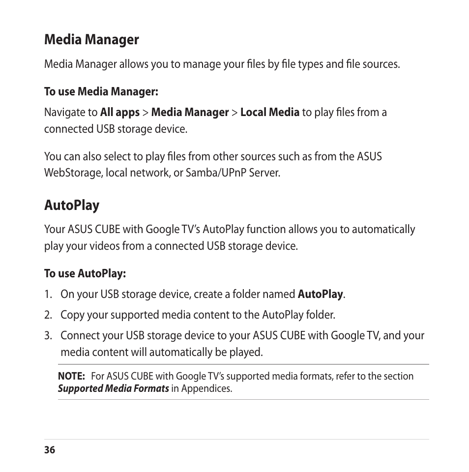 Media manager, Autoplay, Media manager autoplay | Asus CUBE with Google TV User Manual | Page 36 / 66