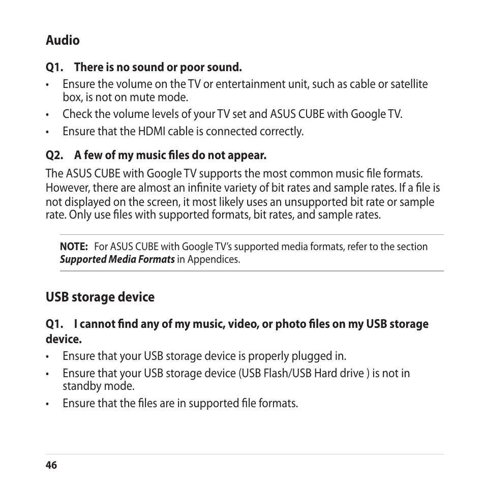 Audio, Usb storage device, Audio usb storage device | Asus CUBE with Google TV User Manual | Page 46 / 66