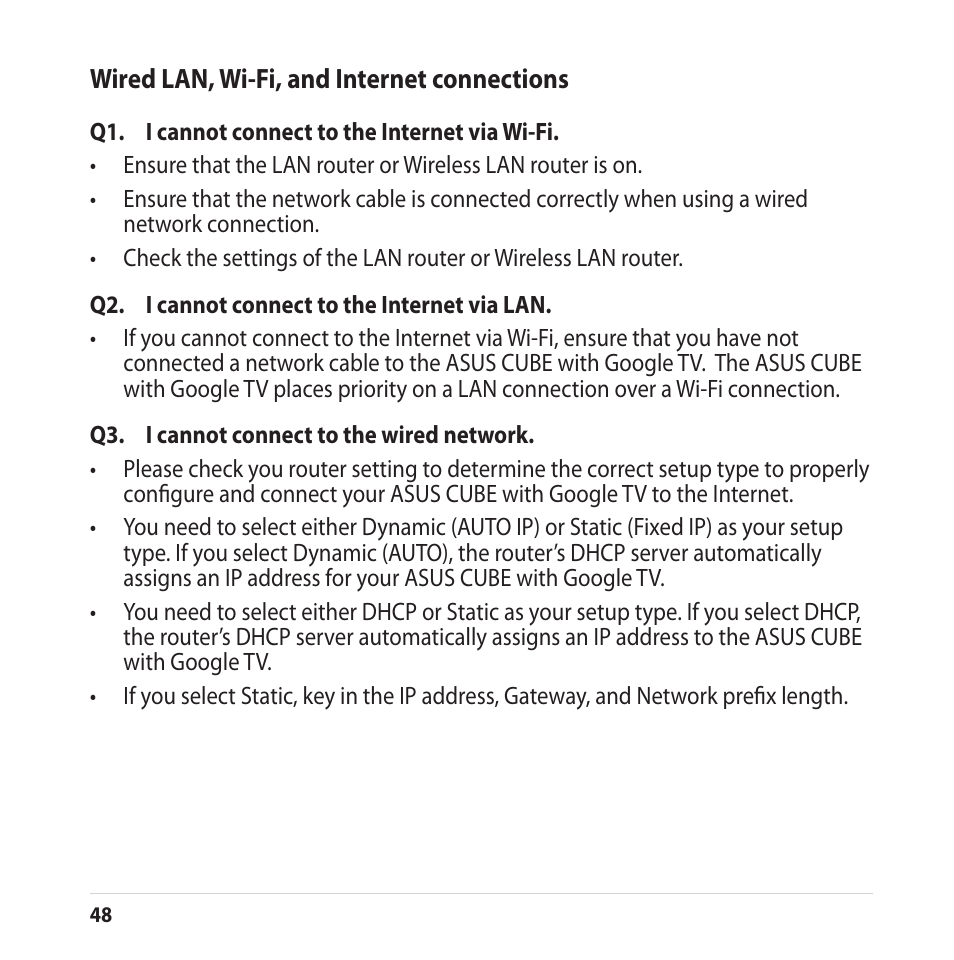 Wired lan, wi-fi, and internet connections | Asus CUBE with Google TV User Manual | Page 48 / 66