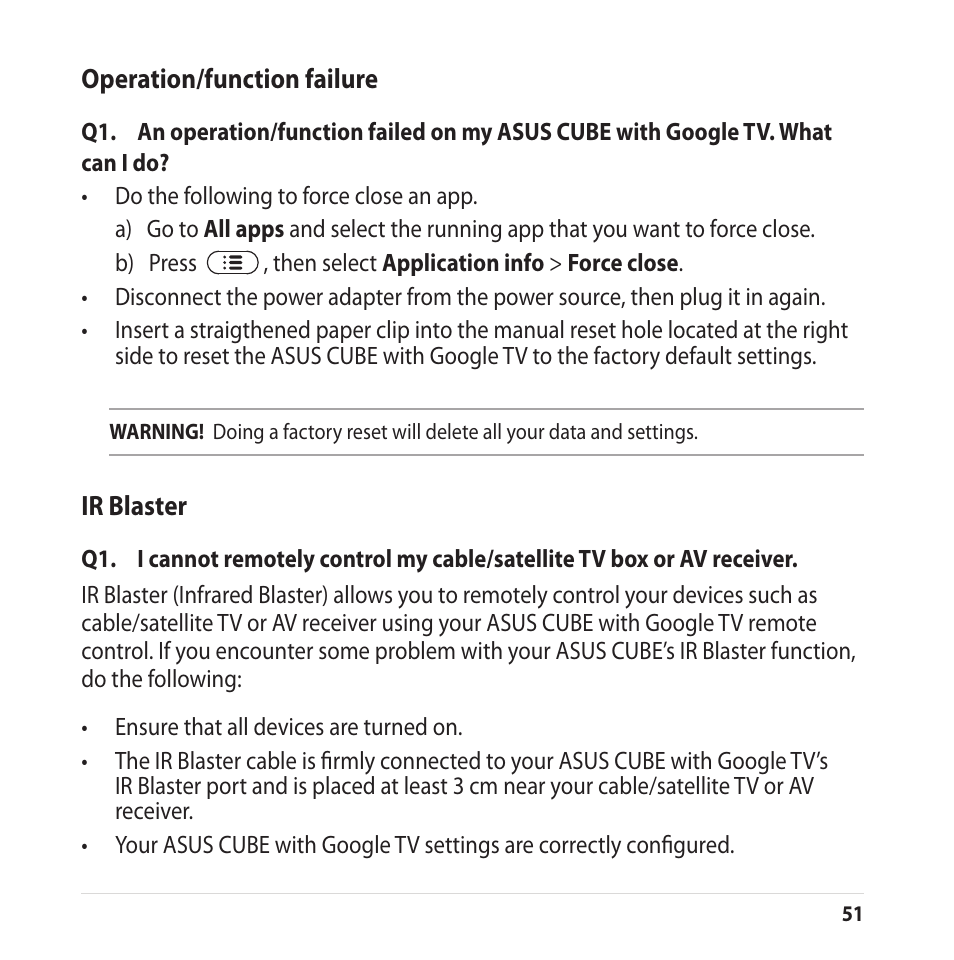 Operation/function failure, Ir blaster, Operation/function failure ir blaster | Asus CUBE with Google TV User Manual | Page 51 / 66