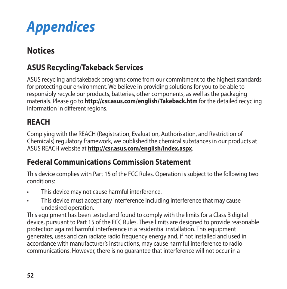 Appendices, Notices, Appendice | Asus recycling/takeback services, Reach, Federal communications commission statement | Asus CUBE with Google TV User Manual | Page 52 / 66