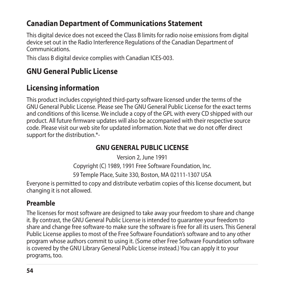 Canadian department of communications statement, Gnu general public license licensing information | Asus CUBE with Google TV User Manual | Page 54 / 66