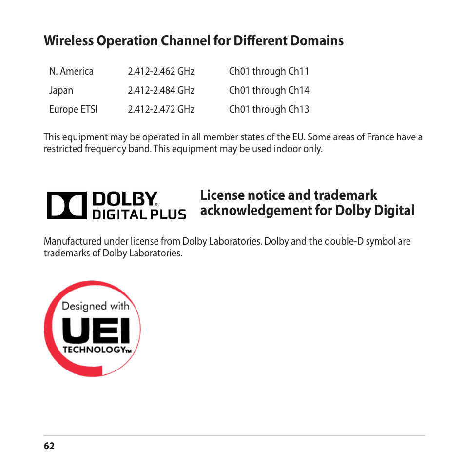 Wireless operation channel for different domains | Asus CUBE with Google TV User Manual | Page 62 / 66