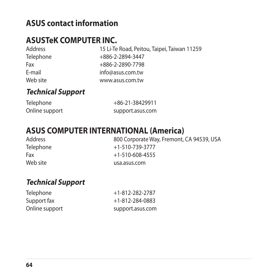 Asus contact information, Asus contact information asustek computer inc, Asus computer international (america) | Technical support | Asus CUBE with Google TV User Manual | Page 64 / 66