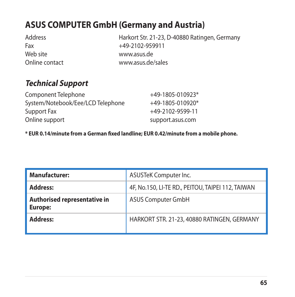 Asus computer gmbh (germany and austria), Technical support | Asus CUBE with Google TV User Manual | Page 65 / 66