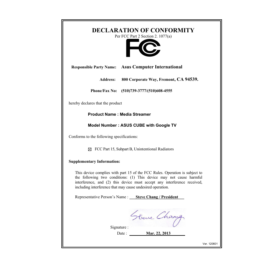 Declaration of conformity | Asus CUBE with Google TV User Manual | Page 66 / 66