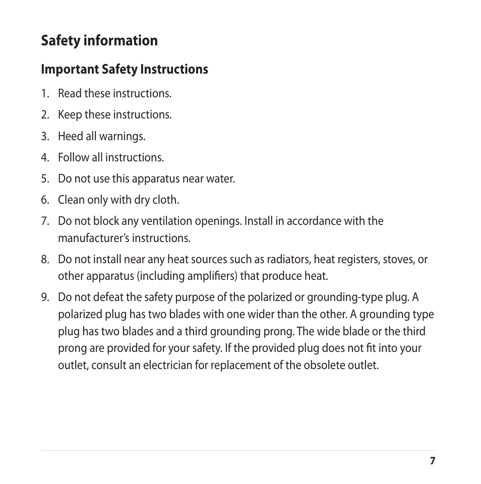 Safety information, Important safety instructions | Asus CUBE with Google TV User Manual | Page 7 / 66