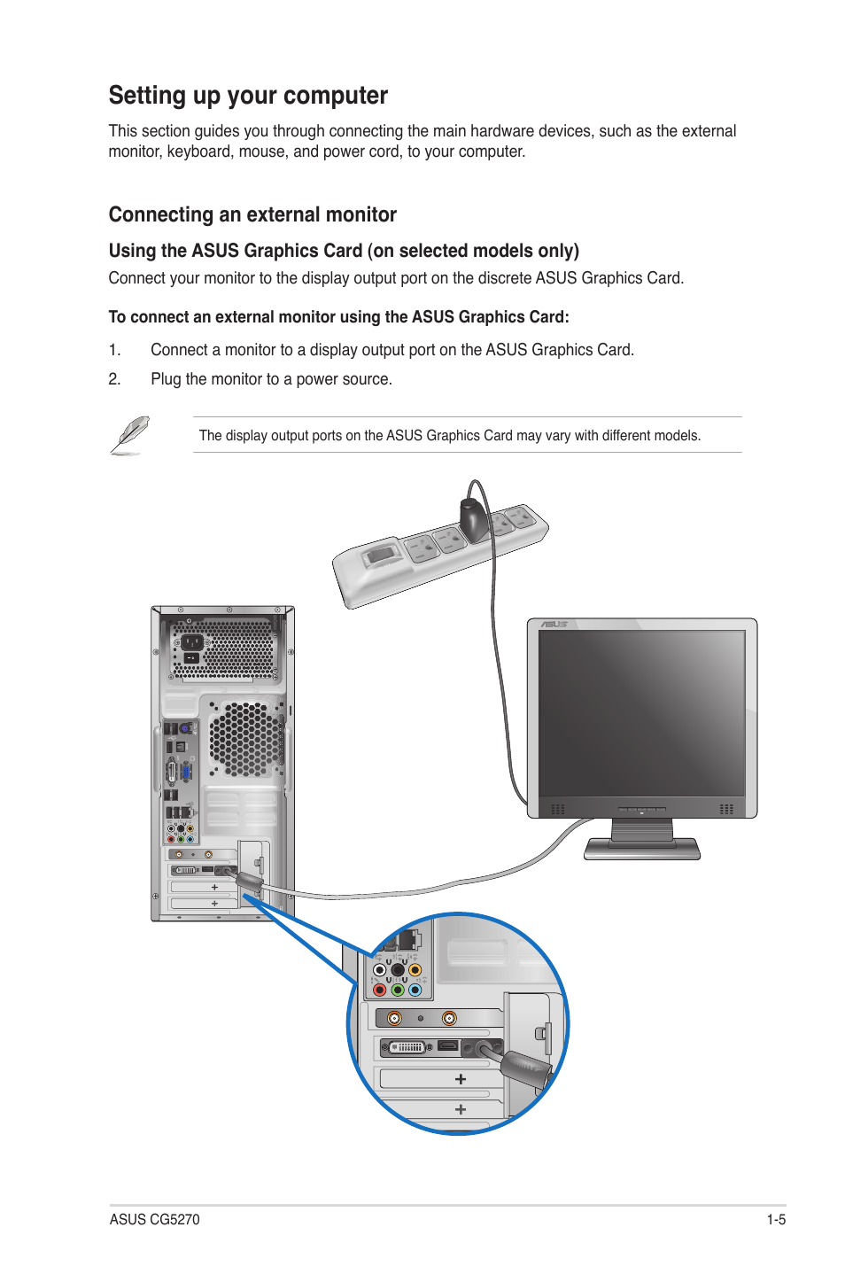 Setting up your computer, Setting up your computer -5, Connecting an external monitor | Asus CG5270 User Manual | Page 14 / 71