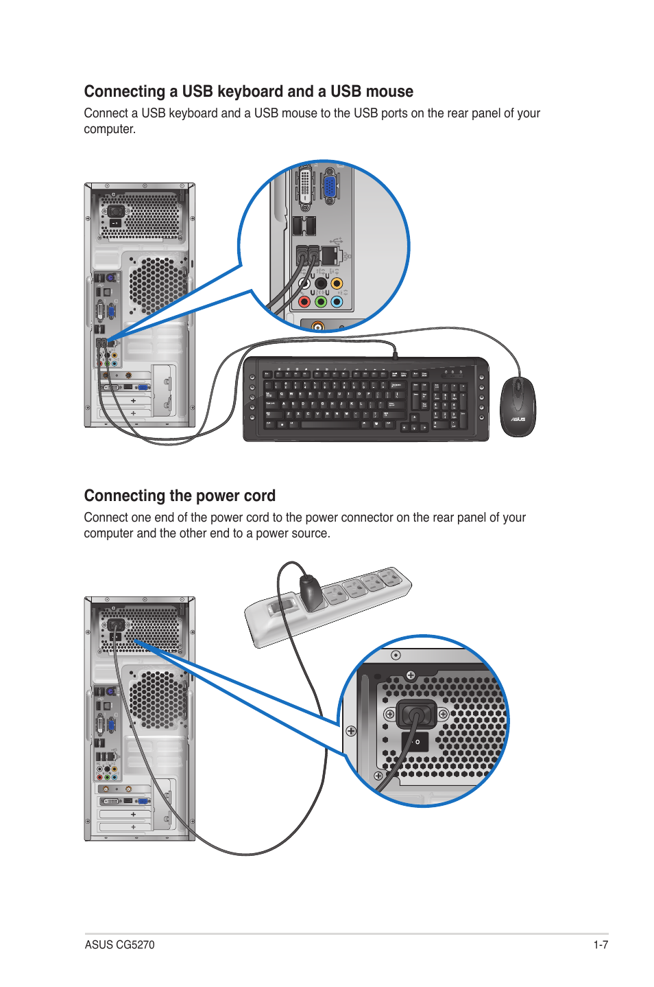 Connecting a usb keyboard and a usb mouse, Connecting the power cord | Asus CG5270 User Manual | Page 16 / 71