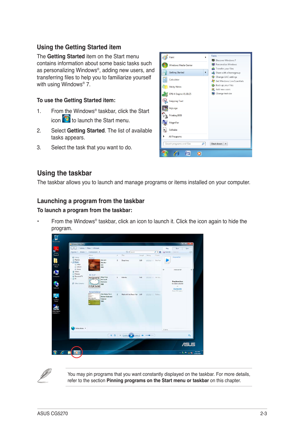 Using the taskbar | Asus CG5270 User Manual | Page 20 / 71