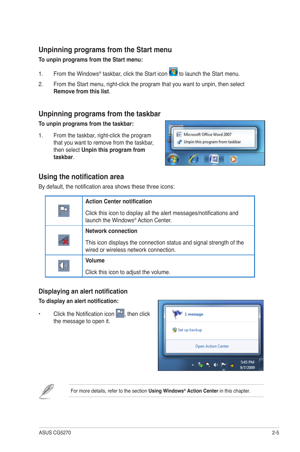 Unpinning programs from the start menu, Unpinning programs from the taskbar, Using the notification area | Asus CG5270 User Manual | Page 22 / 71