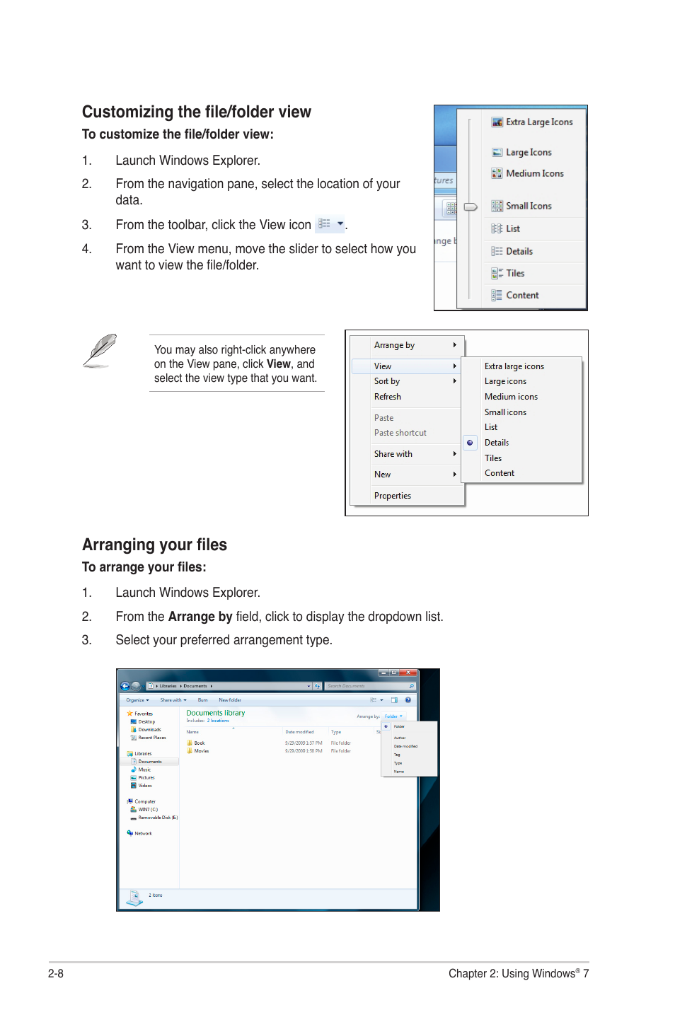 Customizing the file/folder view, Arranging your files | Asus CG5270 User Manual | Page 25 / 71