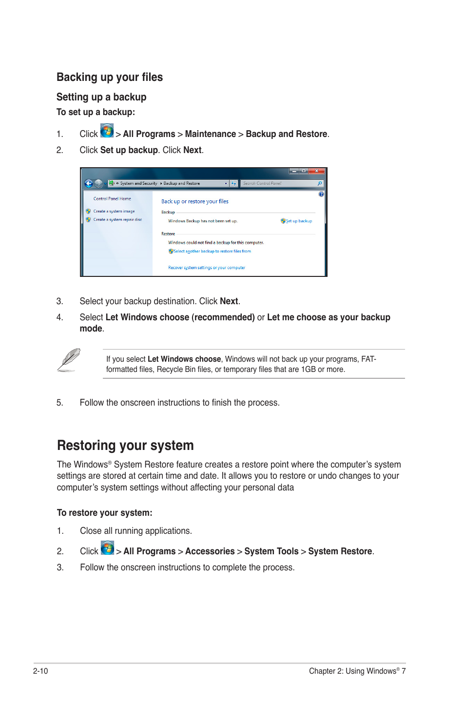 Restoring your system, Restoring your system -10, Backing up your files | Asus CG5270 User Manual | Page 27 / 71