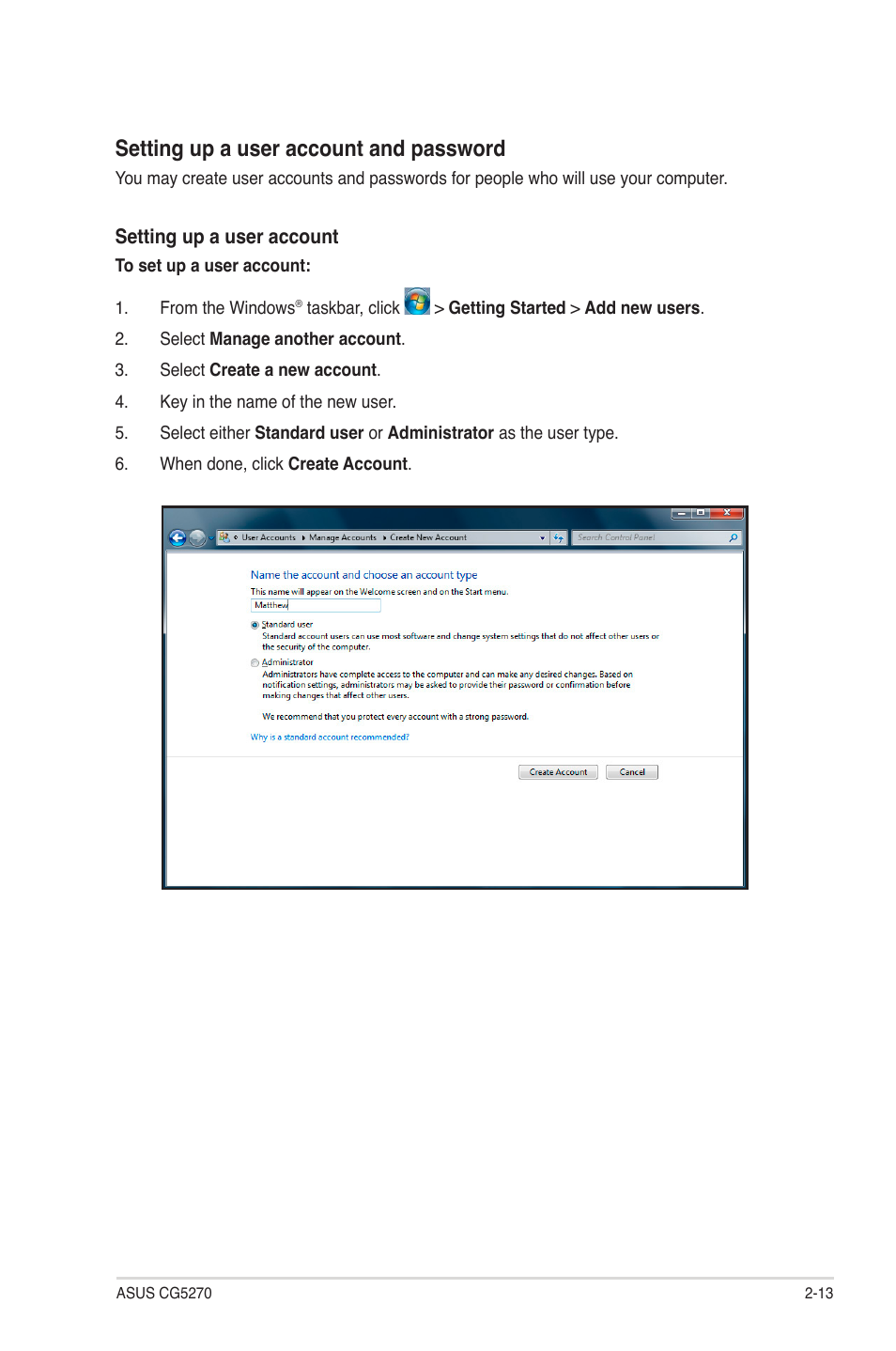 Setting up a user account and password | Asus CG5270 User Manual | Page 30 / 71