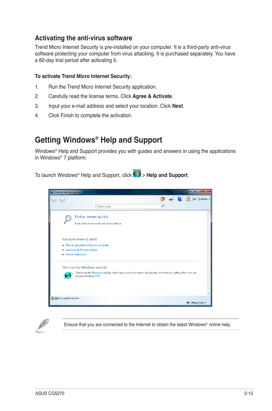 Getting windows® help and support, Getting windows, Help and support -15 | Help and support, Activating the anti-virus software | Asus CG5270 User Manual | Page 32 / 71