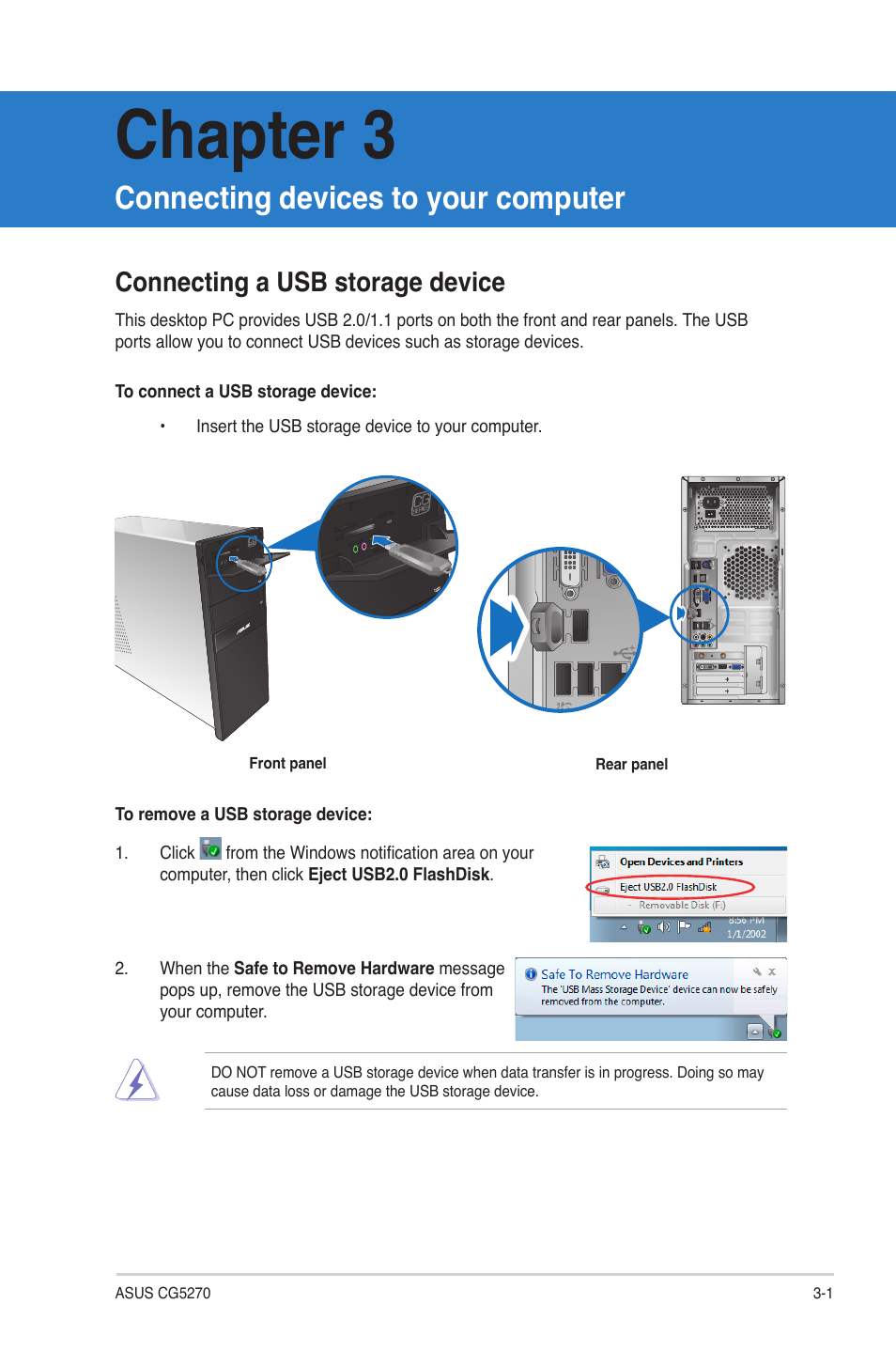 Chapter 3: connecting devices to your computer, Connecting a usb storage device, Connecting devices to your computer | Connecting a usb storage device -1, Chapter 3 | Asus CG5270 User Manual | Page 33 / 71