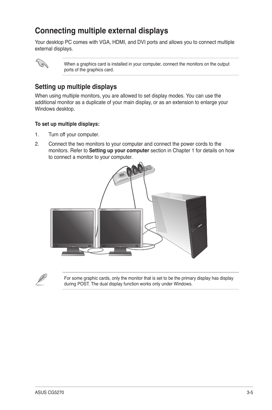 Connecting multiple external displays, Connecting multiple external displays -5, Setting up multiple displays | Asus CG5270 User Manual | Page 37 / 71