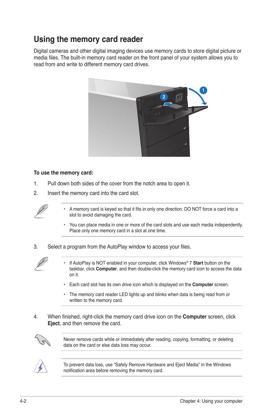 Using the memory card reader, Using the memory card reader -2 | Asus CG5270 User Manual | Page 41 / 71