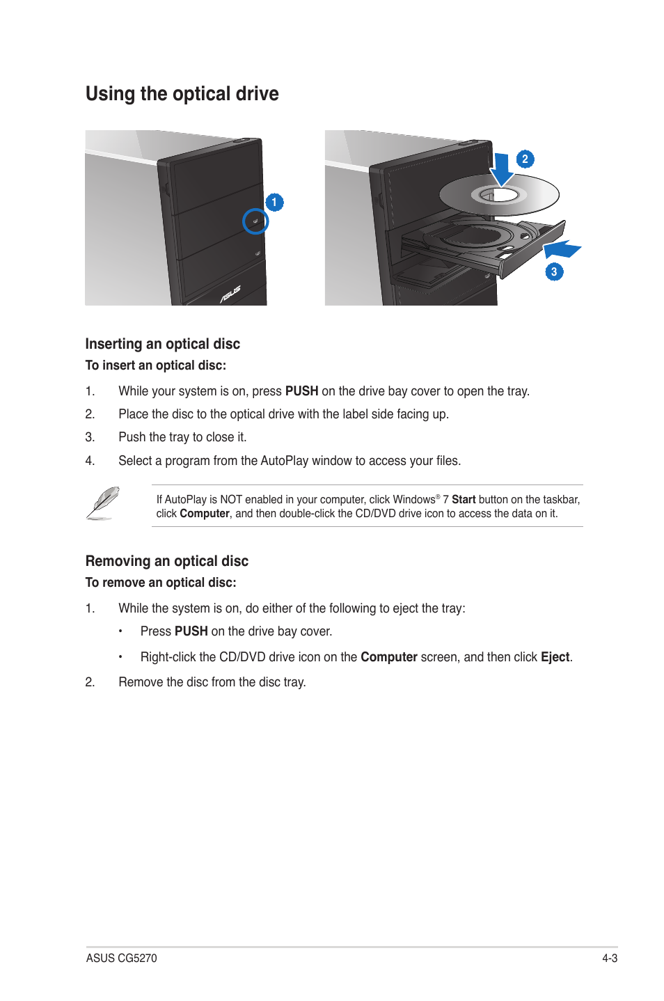 Using the optical drive, Using the optical drive -3 | Asus CG5270 User Manual | Page 42 / 71