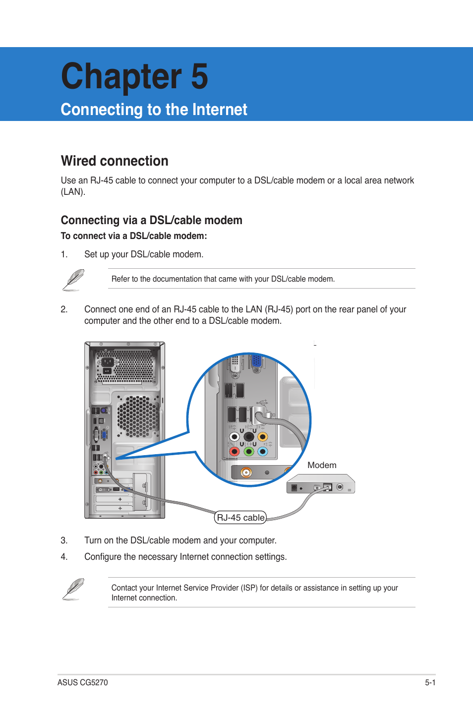 Chapter 5: connecting to the internet, Wired connection, Connecting to the internet | Wired connection -1, Chapter 5 | Asus CG5270 User Manual | Page 46 / 71