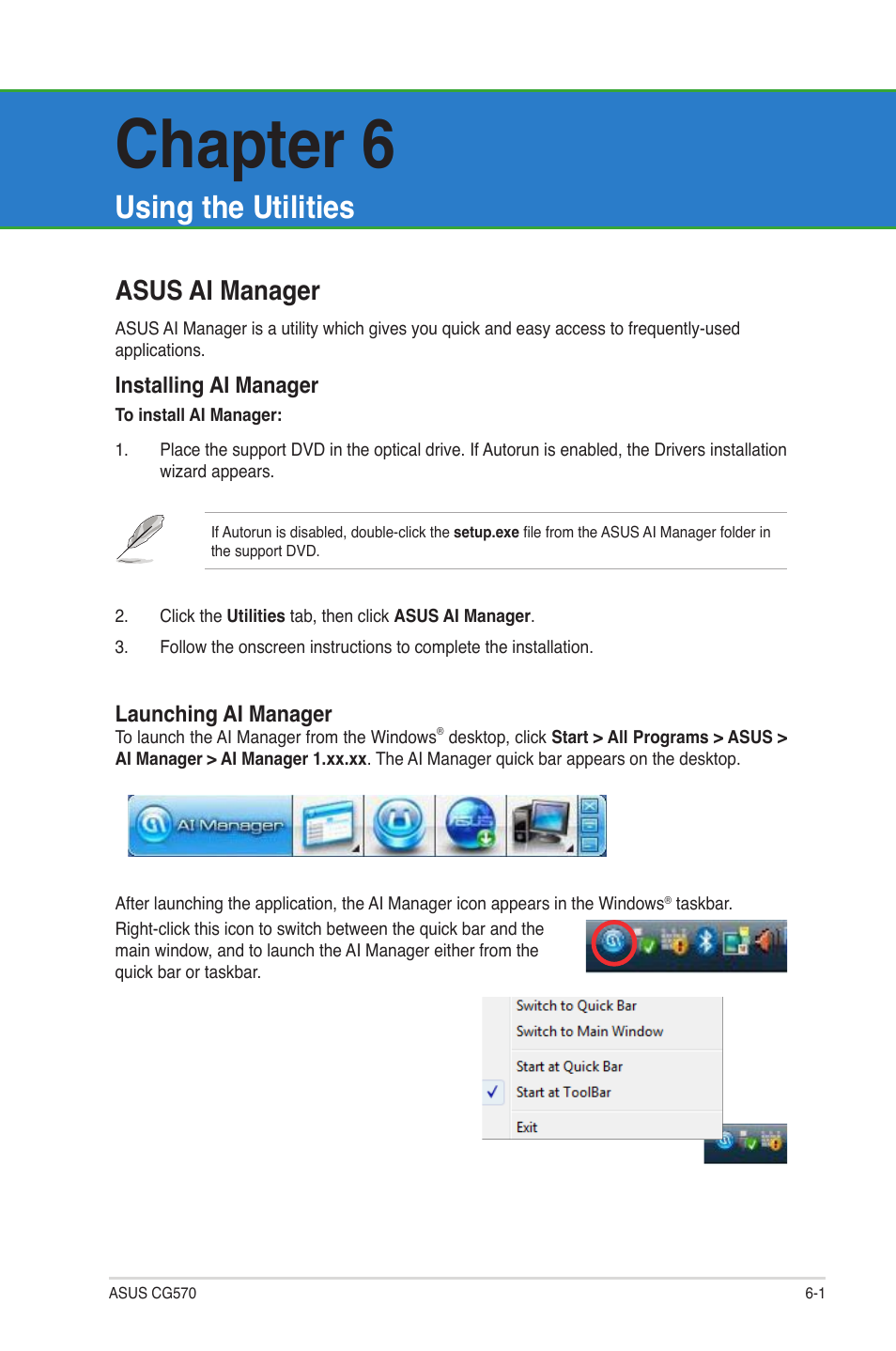 Chapter 6: using the utilities, Asus ai manager, Using the utilities | Asus ai manager -1, Chapter 6 | Asus CG5270 User Manual | Page 51 / 71