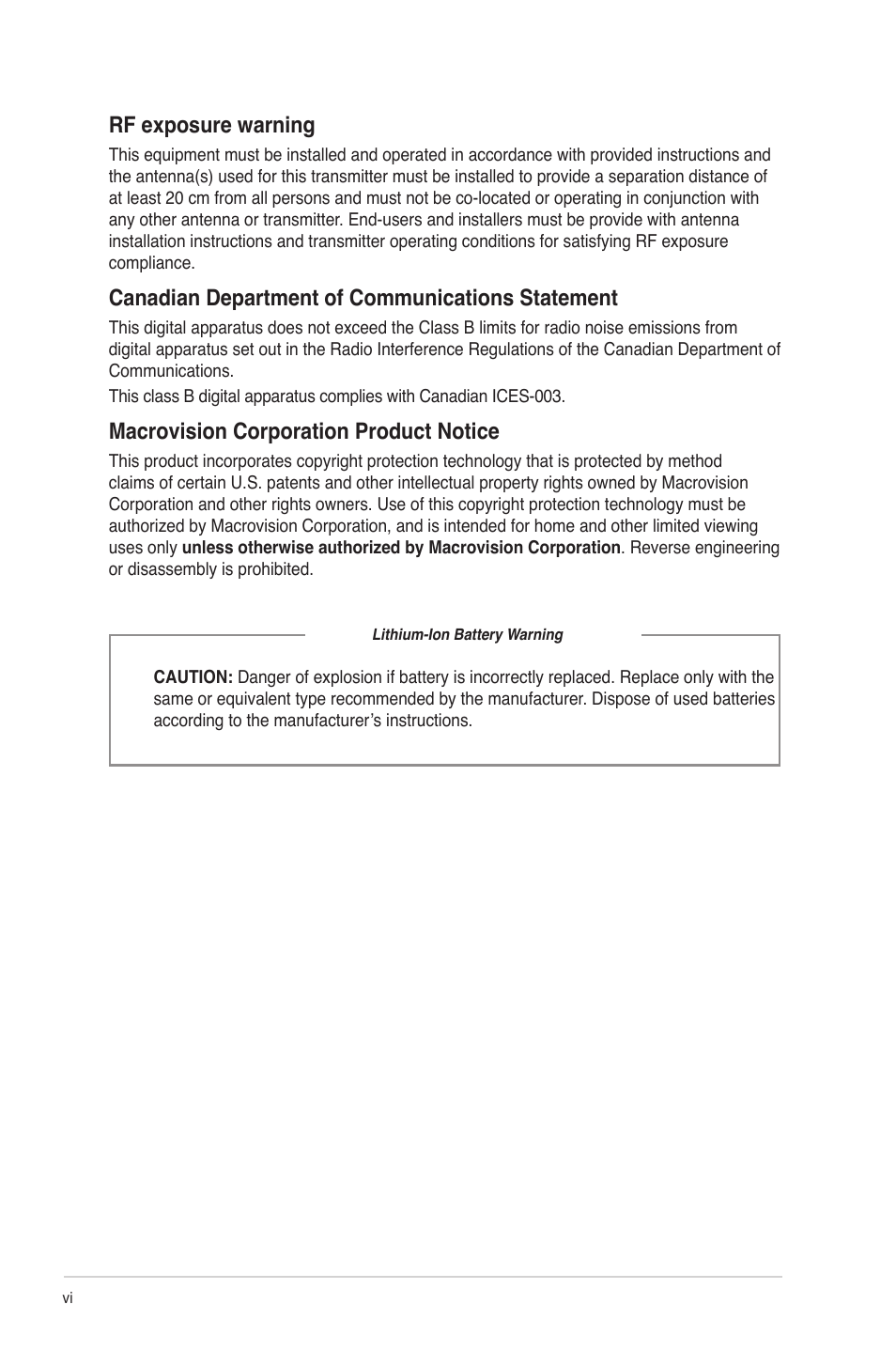 Rf exposure warning, Canadian department of communications statement, Macrovision corporation product notice | Asus CG5270 User Manual | Page 6 / 71