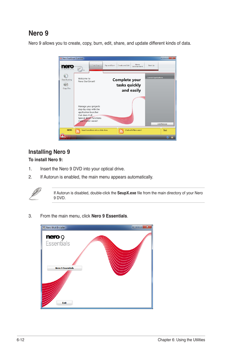 Nero 9, Nero 9 -12, Installing nero 9 | Asus CG5270 User Manual | Page 62 / 71