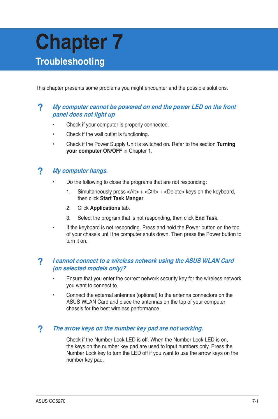 Chapter 7: troubleshooting, Troubleshooting, Chapter 7 | Asus CG5270 User Manual | Page 68 / 71