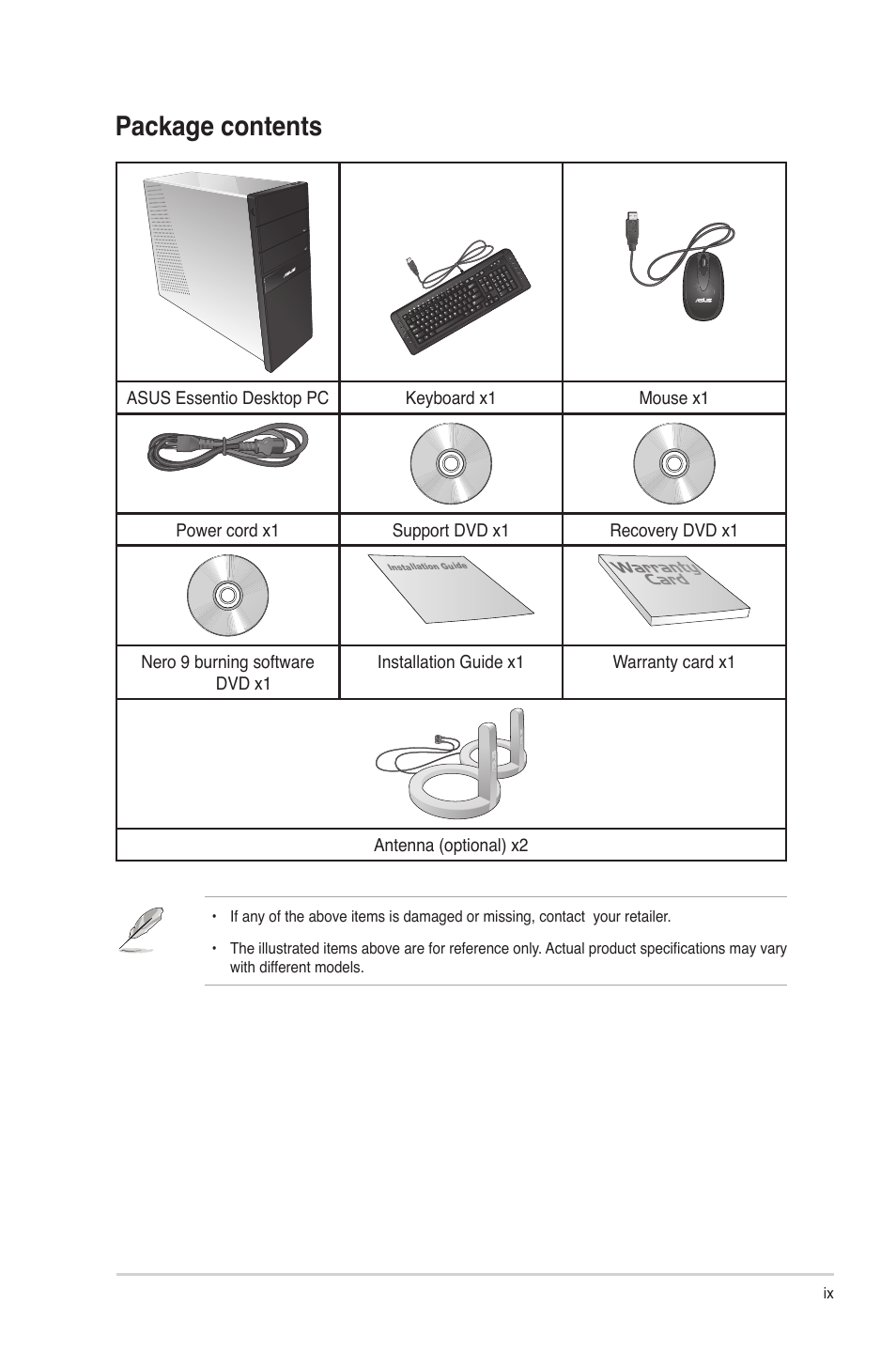 Package contents | Asus CG5270 User Manual | Page 9 / 71