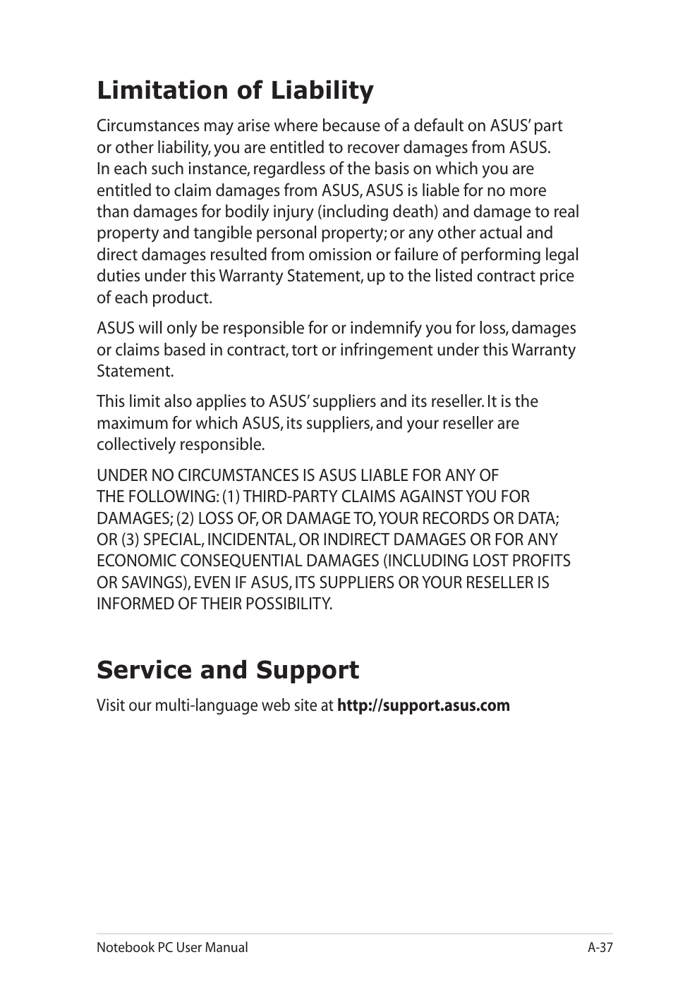 Limitation of liability, Service and support | Asus G60J User Manual | Page 113 / 114