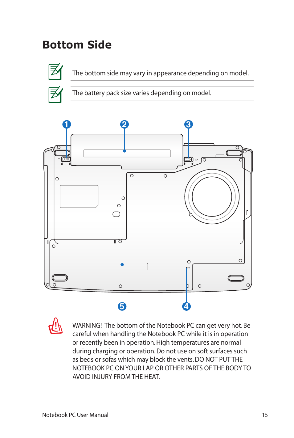 Bottom side | Asus G60J User Manual | Page 15 / 114