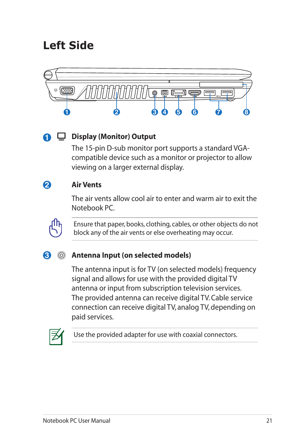 Left side | Asus G60J User Manual | Page 21 / 114