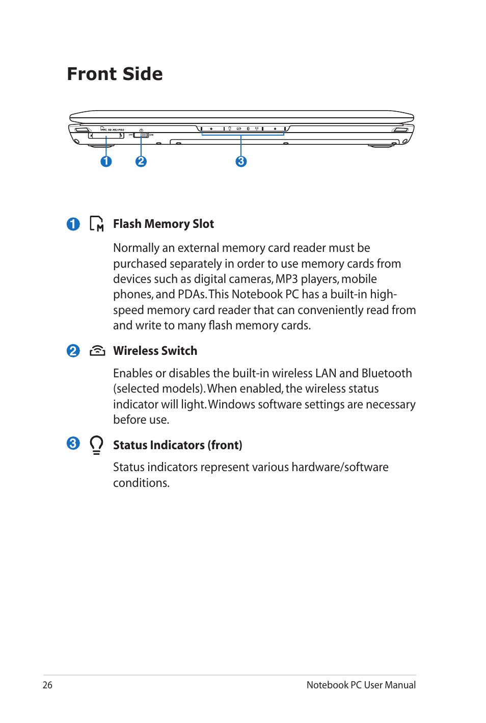 Front side | Asus G60J User Manual | Page 26 / 114