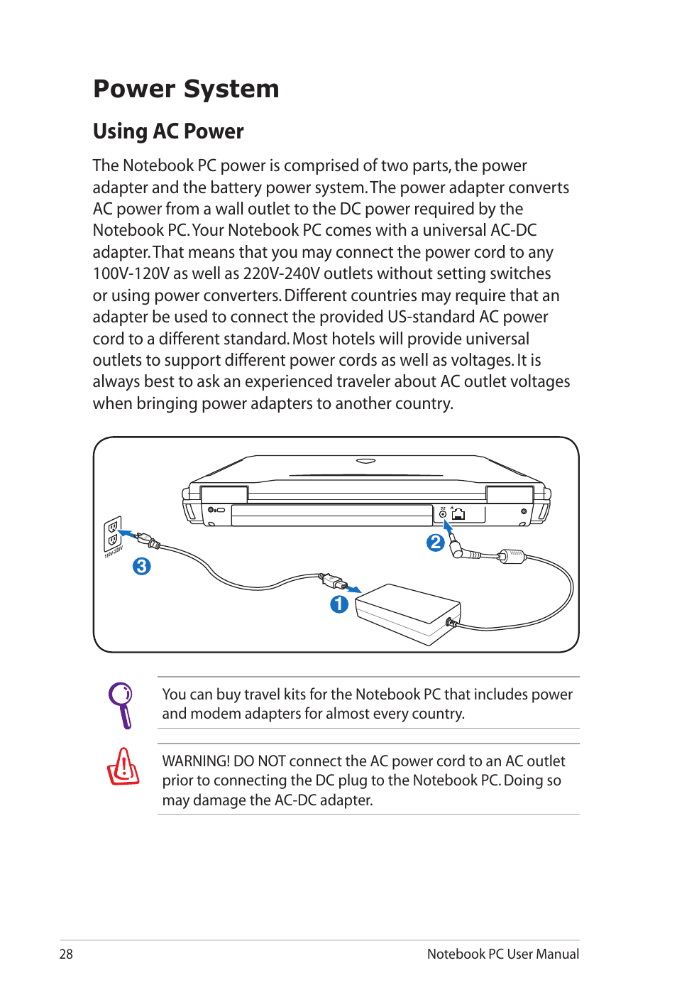 Power system, Using ac power | Asus G60J User Manual | Page 28 / 114