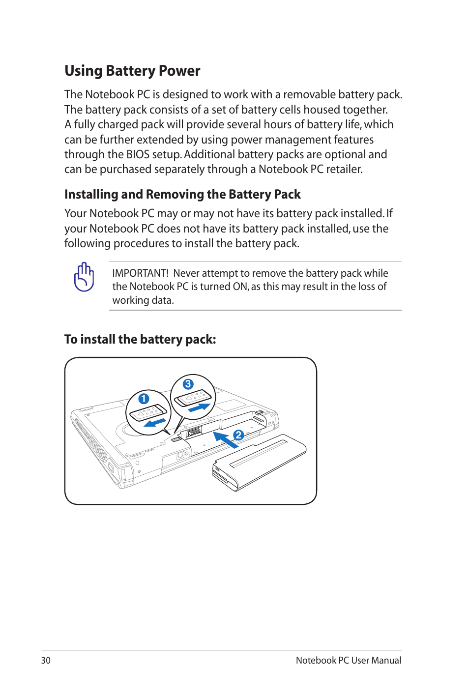 Using battery power, Installing and removing the battery pack | Asus G60J User Manual | Page 30 / 114