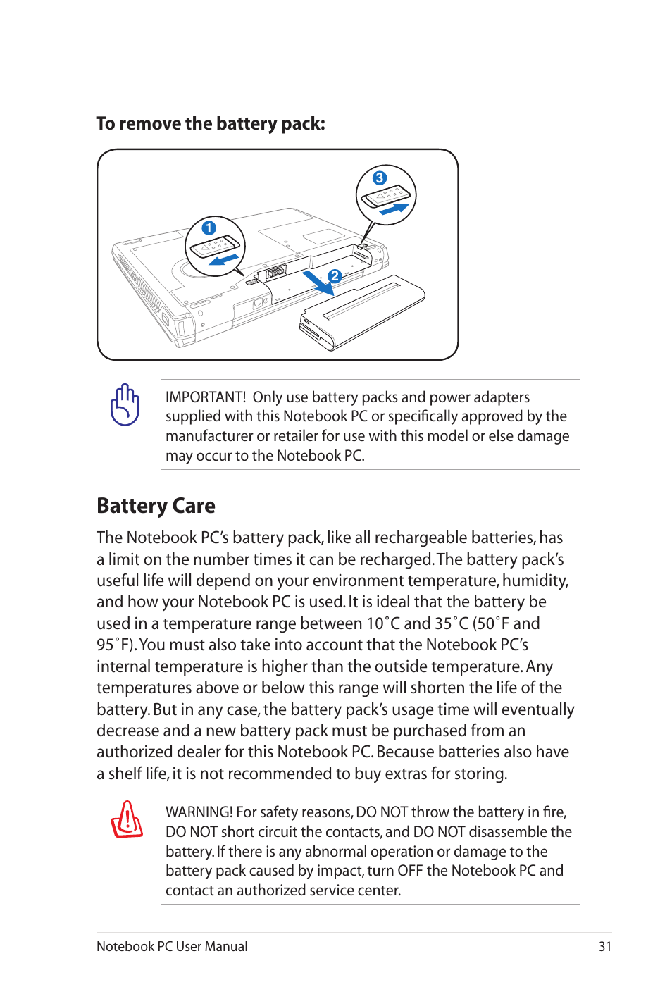 Battery care | Asus G60J User Manual | Page 31 / 114