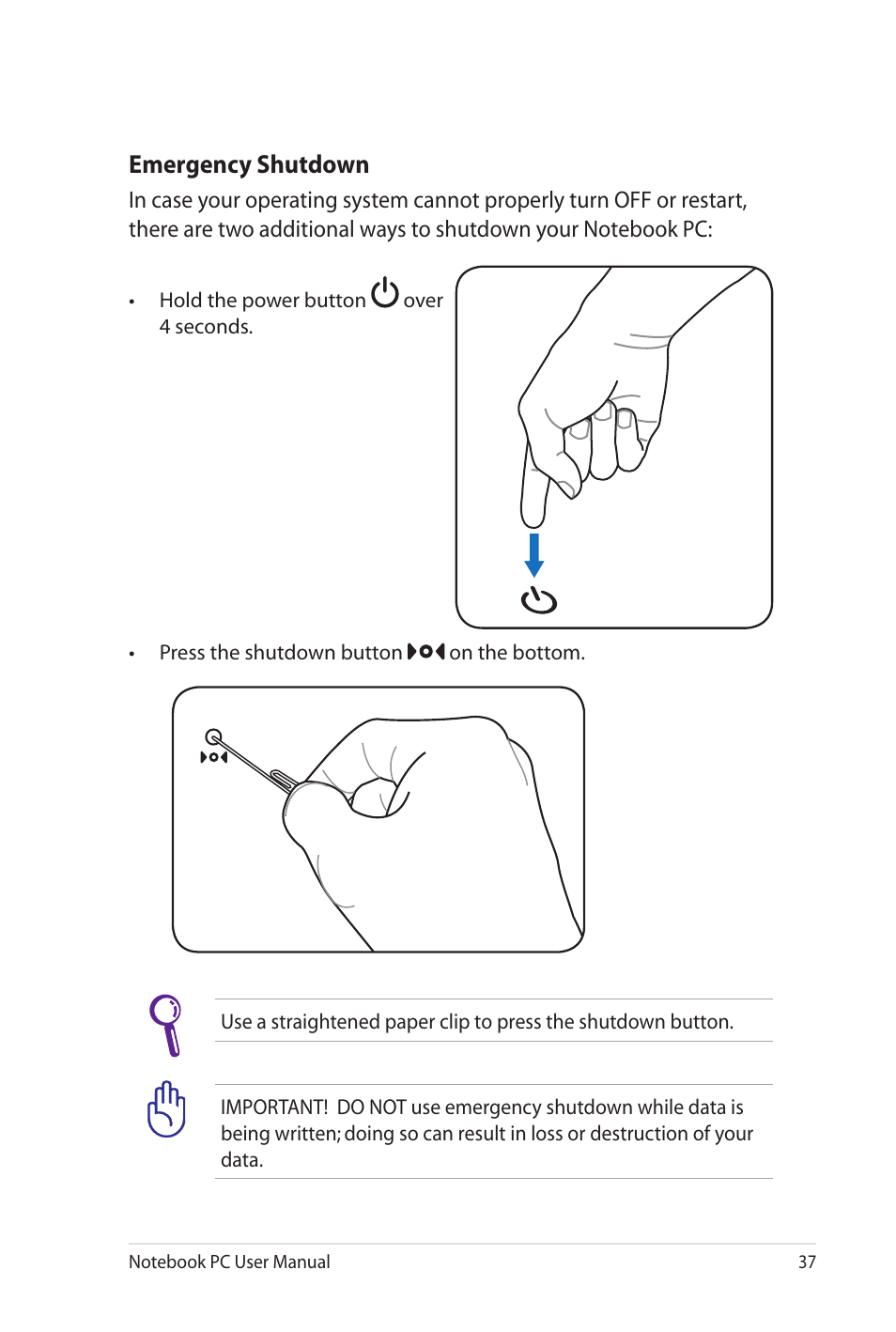 Emergency shutdown | Asus G60J User Manual | Page 37 / 114