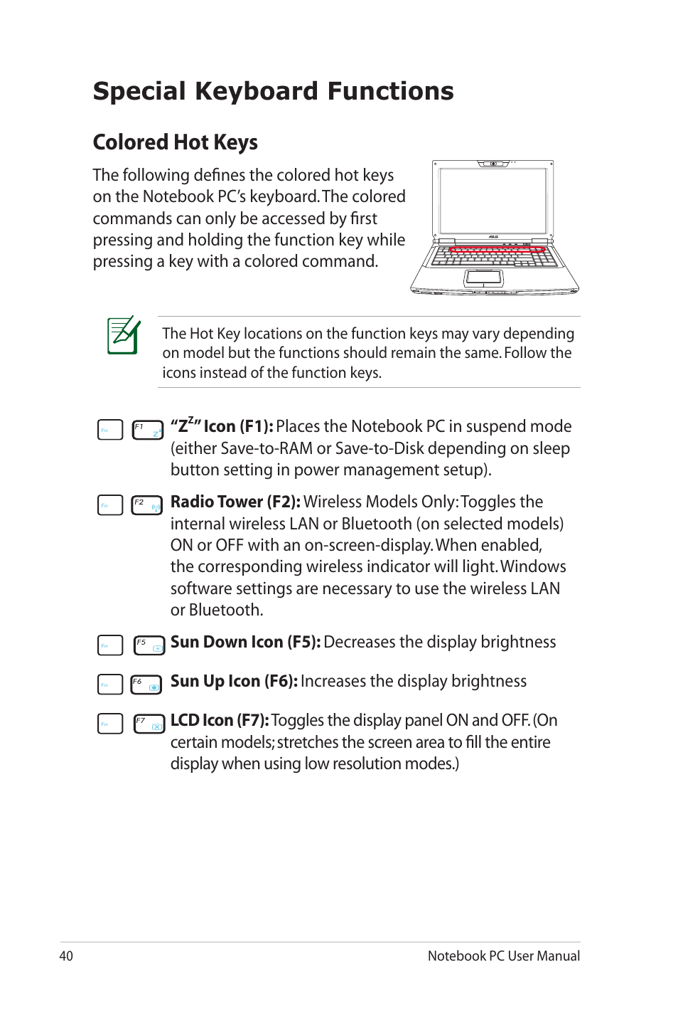 Special keyboard functions, Colored hot keys | Asus G60J User Manual | Page 40 / 114