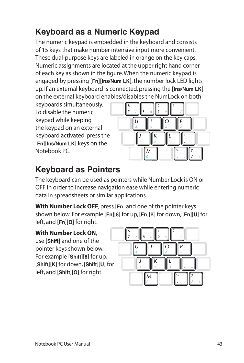 Keyboard as a numeric keypad, Keyboard as pointers | Asus G60J User Manual | Page 43 / 114