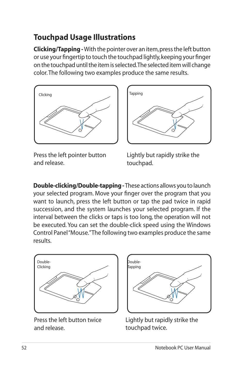 Touchpad usage illustrations | Asus G60J User Manual | Page 52 / 114