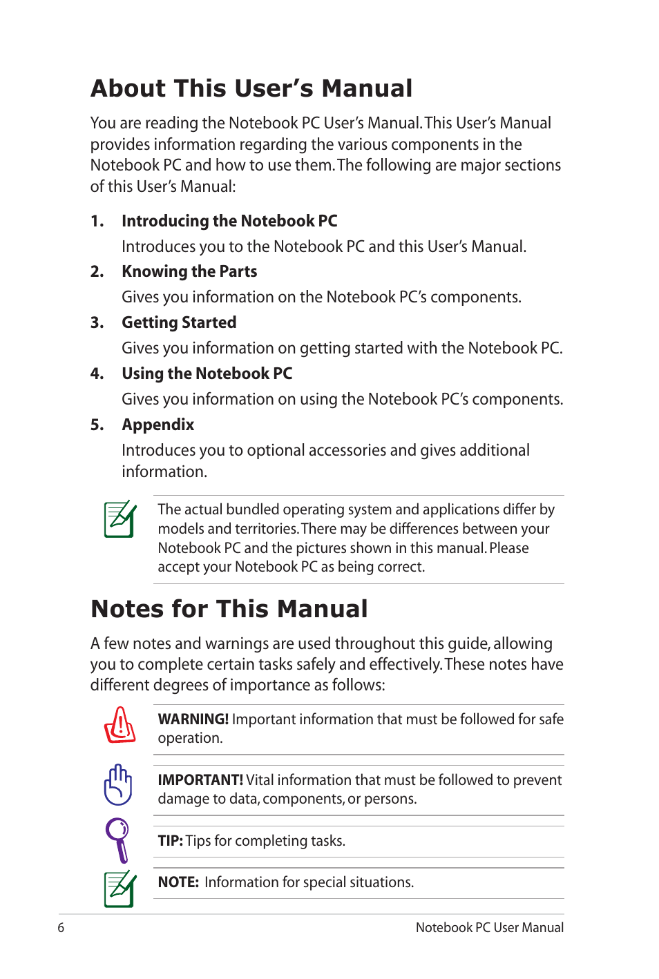 About this user’s manual, Notes for this manual, About this user’s manual notes for this manual | Asus G60J User Manual | Page 6 / 114