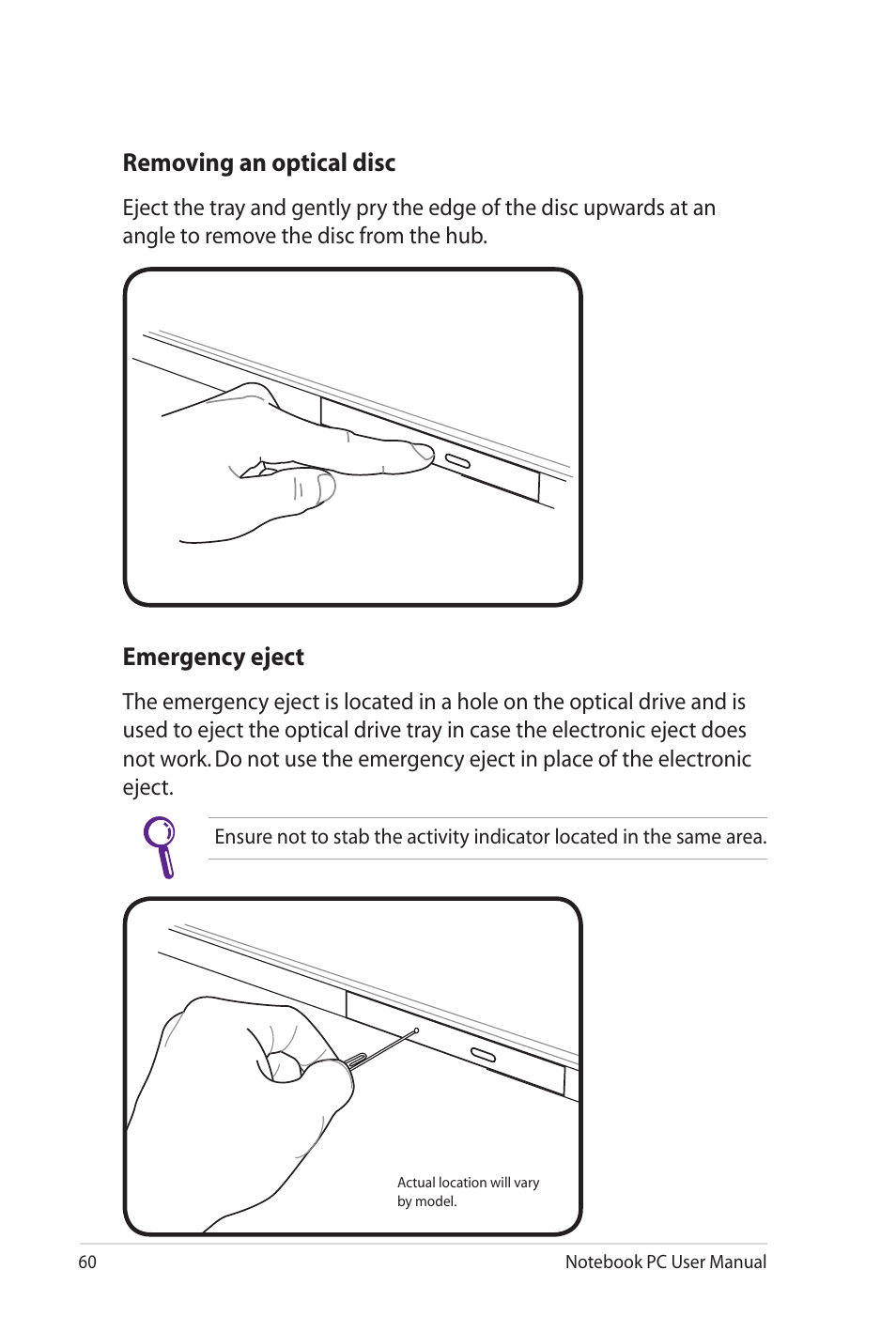 Emergency eject, Removing an optical disc | Asus G60J User Manual | Page 60 / 114