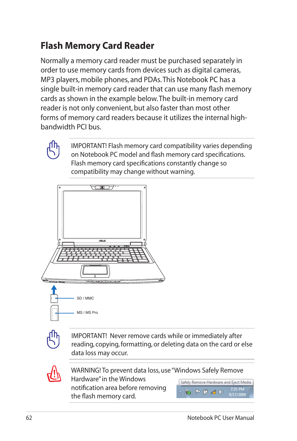 Flash memory card reader | Asus G60J User Manual | Page 62 / 114